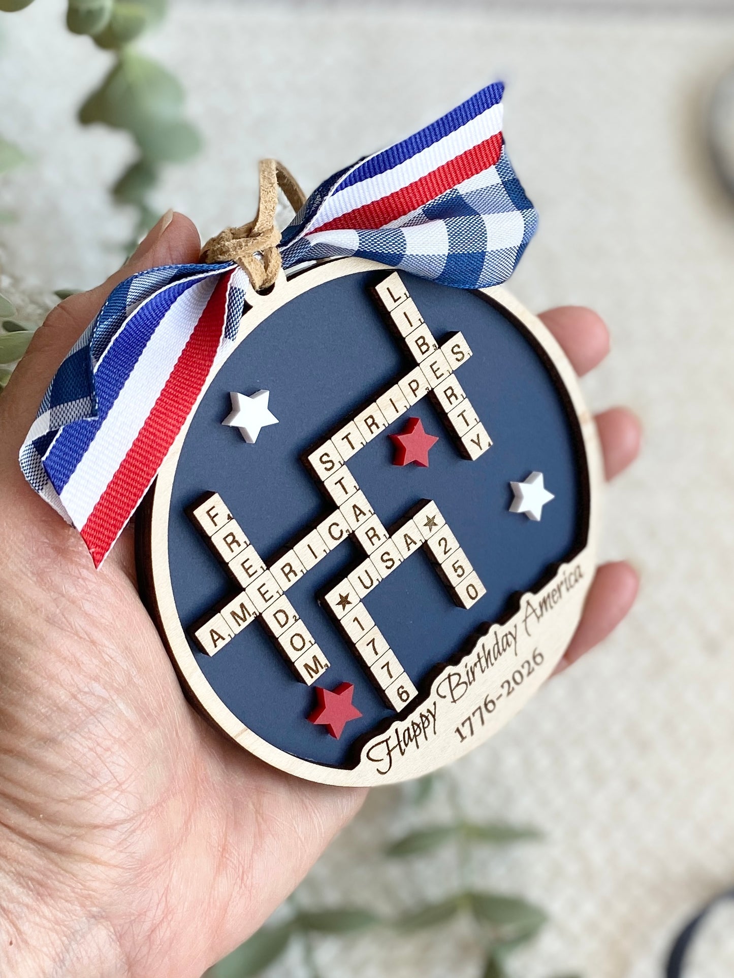 4th of July 2026 Ornament | America 250 Crossword Design | Patriotic Keepsake | Navy Blue
