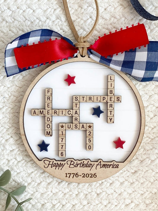 4th of July 2026 Ornament | America 250 Crossword Design | Patriotic Keepsake | White