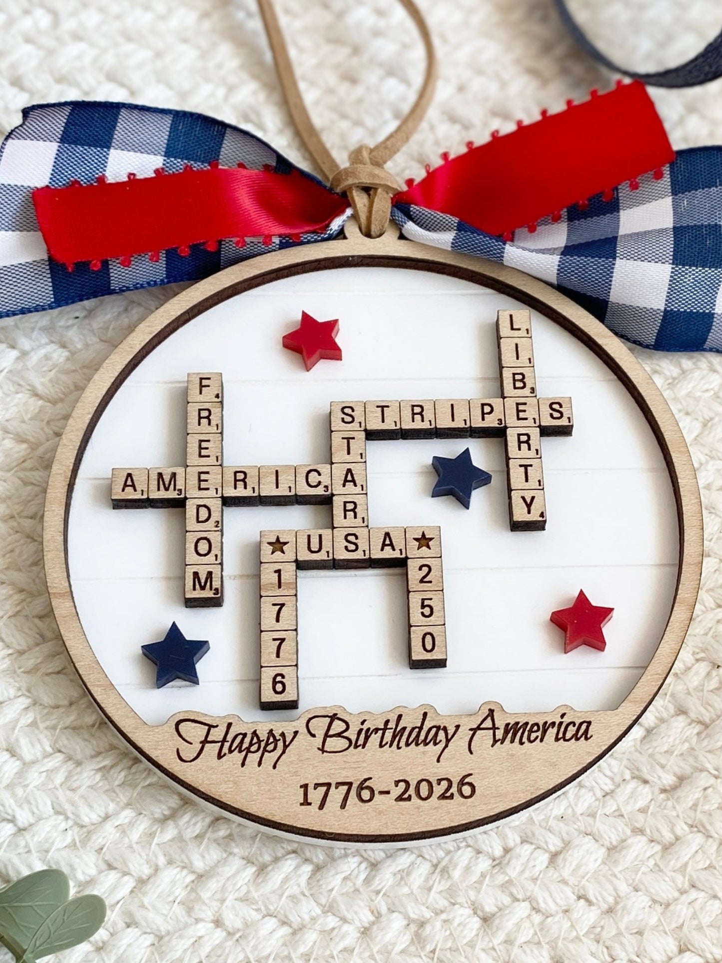 4th of July 2026 Ornament | America 250 Crossword Design | Patriotic Keepsake | White