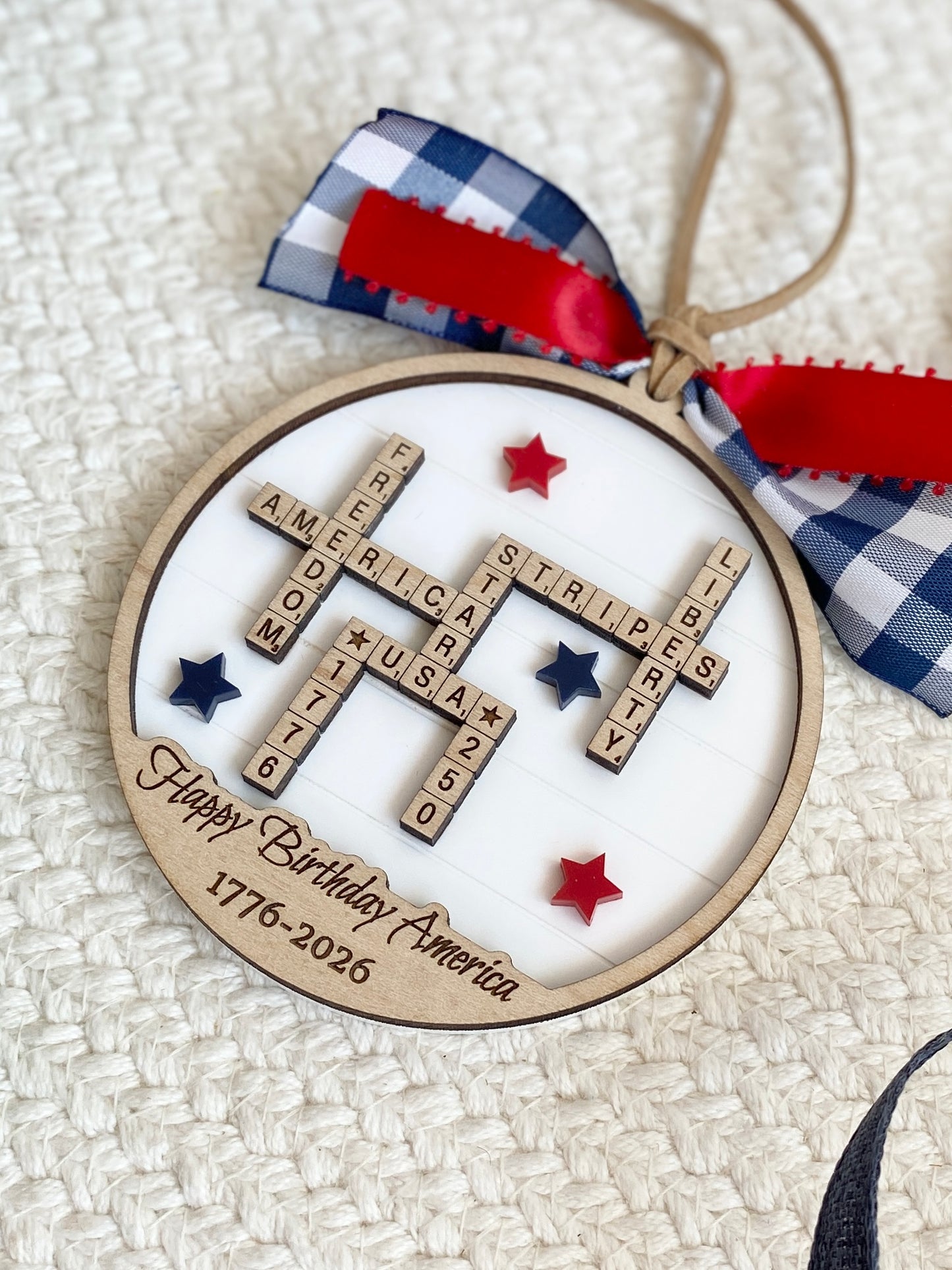 4th of July 2026 Ornament | America 250 Crossword Design | Patriotic Keepsake | White