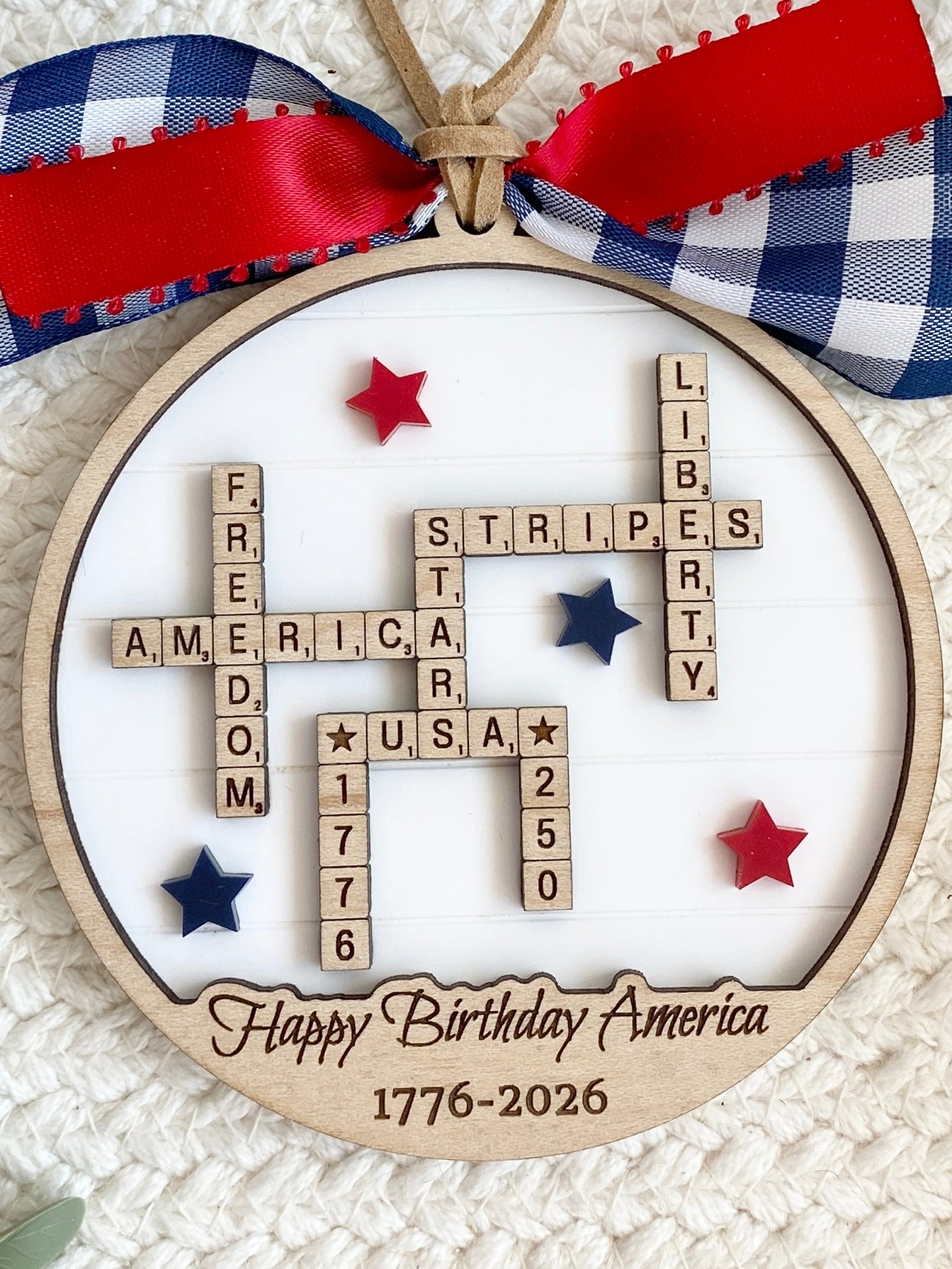 4th of July 2026 Ornament | America 250 Crossword Design | Patriotic Keepsake | White