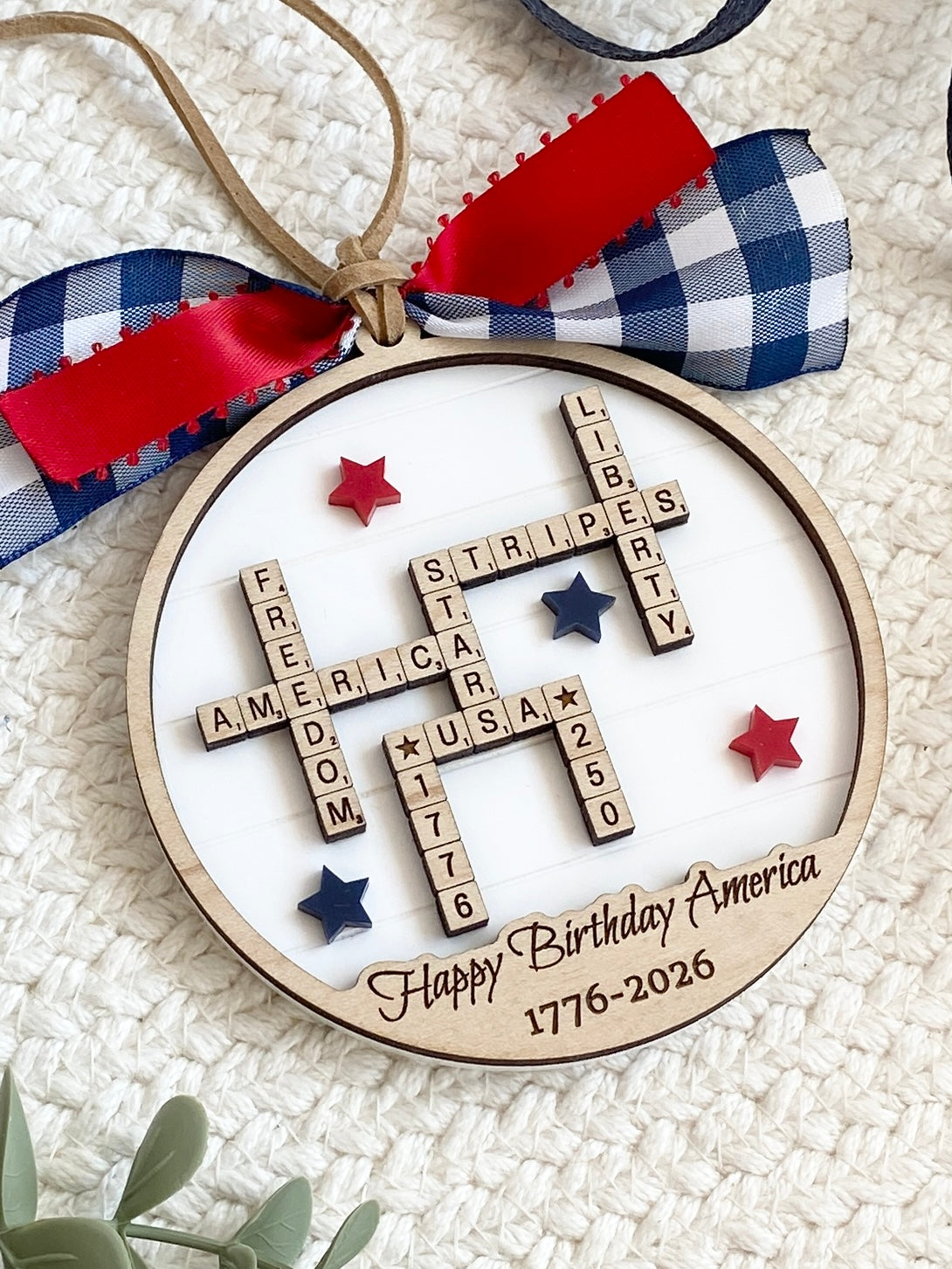4th of July 2026 Ornament | America 250 Crossword Design | Patriotic Keepsake | White