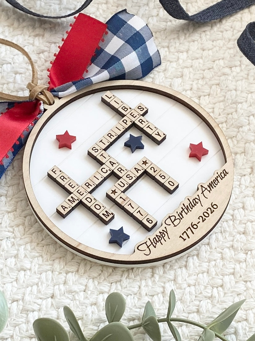 4th of July 2026 Ornament | America 250 Crossword Design | Patriotic Keepsake | White