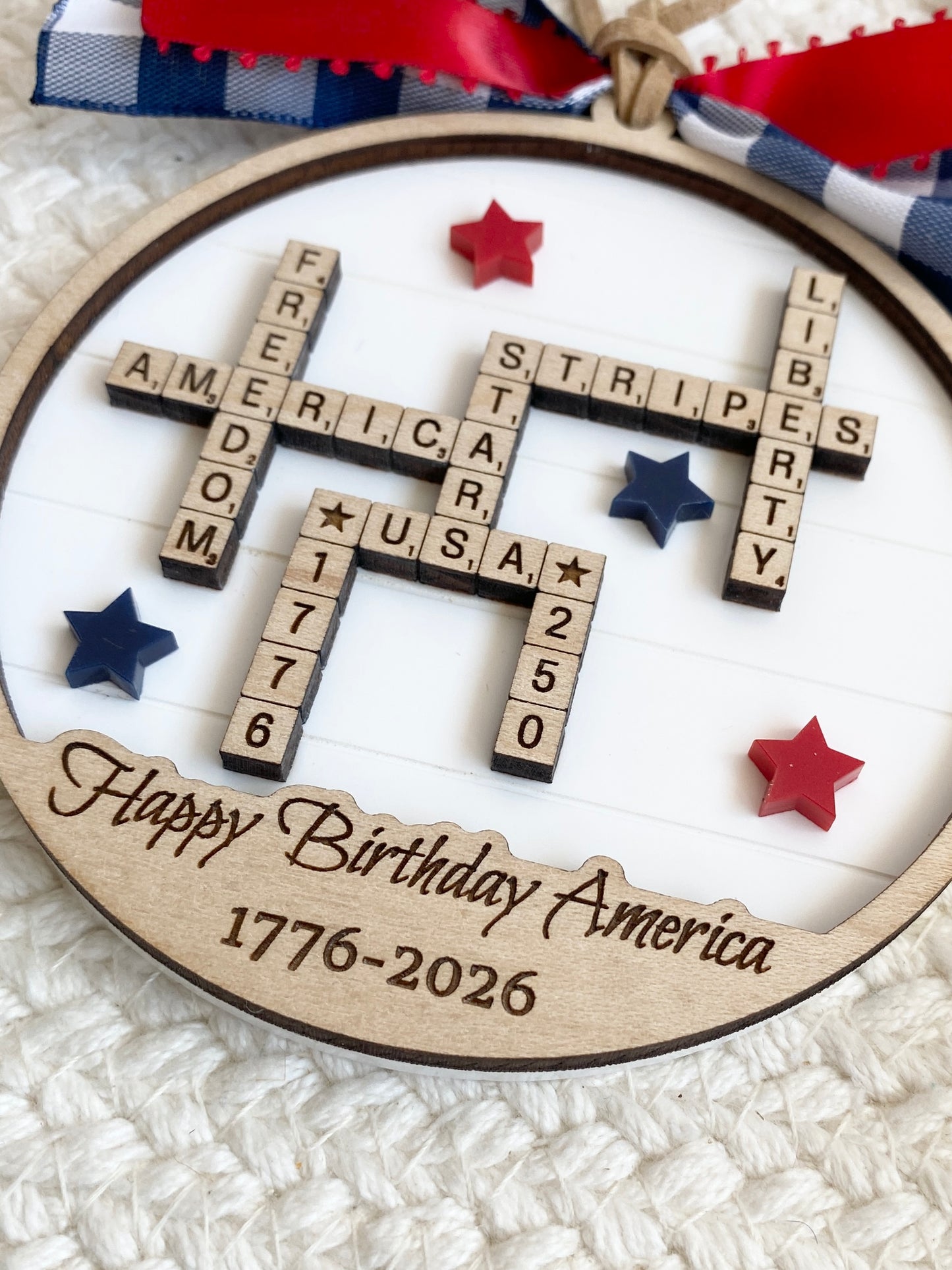 4th of July 2026 Ornament | America 250 Crossword Design | Patriotic Keepsake | White
