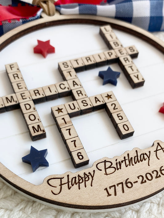4th of July 2026 Ornament | America 250 Crossword Design | Patriotic Keepsake | White
