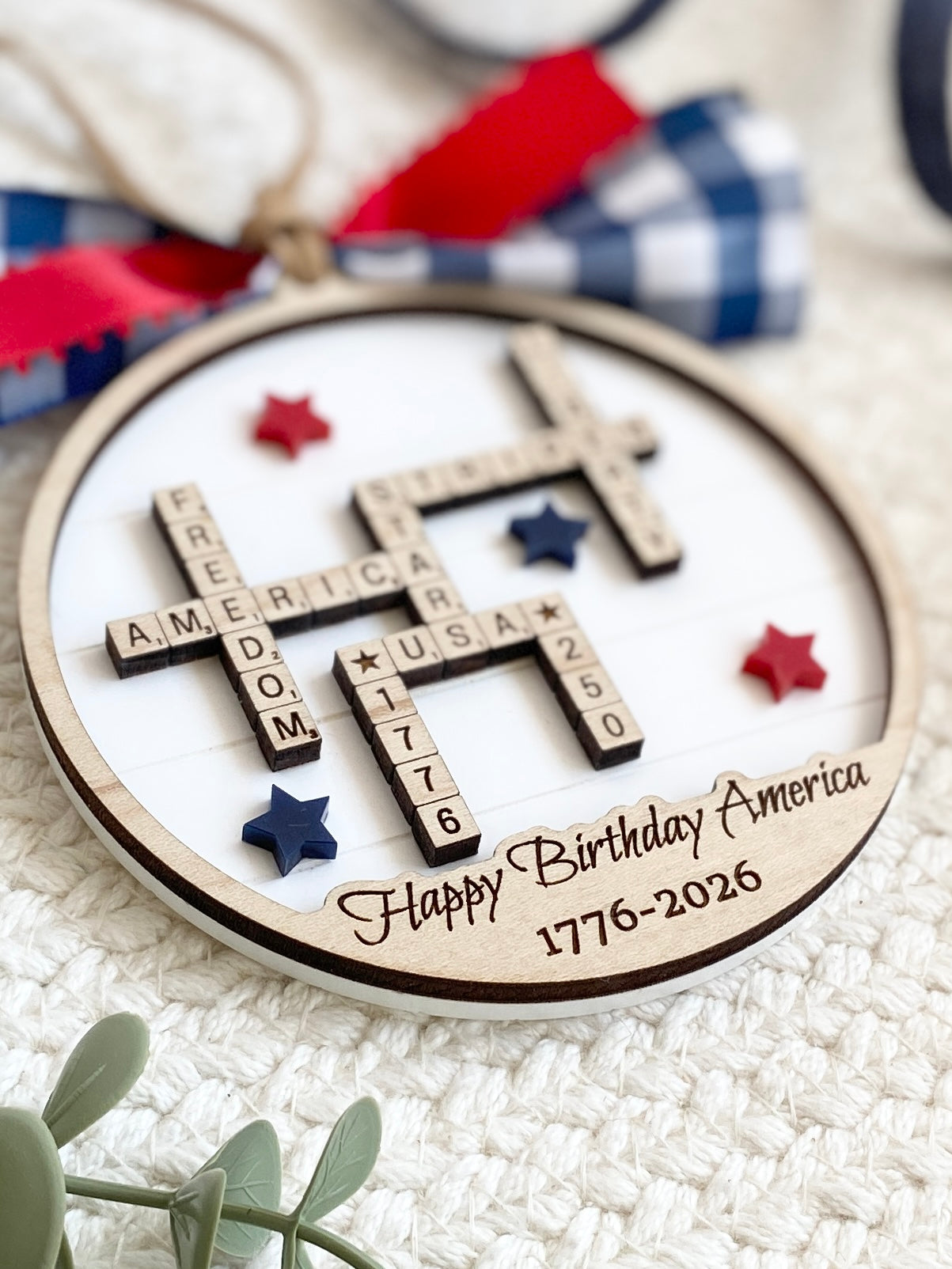 4th of July 2026 Ornament | America 250 Crossword Design | Patriotic Keepsake | White