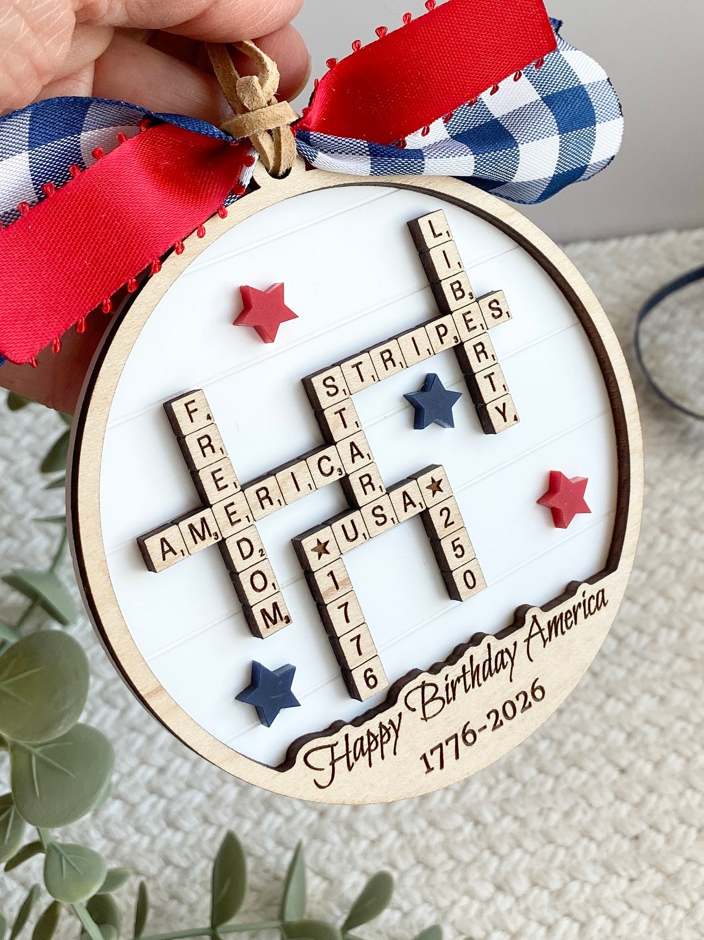 4th of July 2026 Ornament | America 250 Crossword Design | Patriotic Keepsake | White