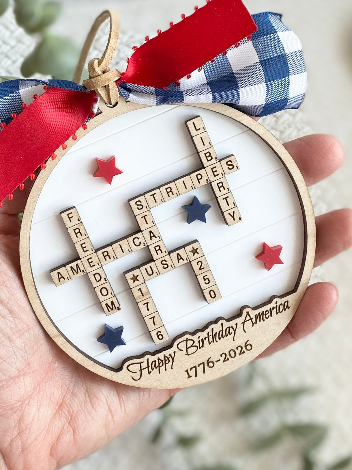4th of July 2026 Ornament | America 250 Crossword Design | Patriotic Keepsake | White