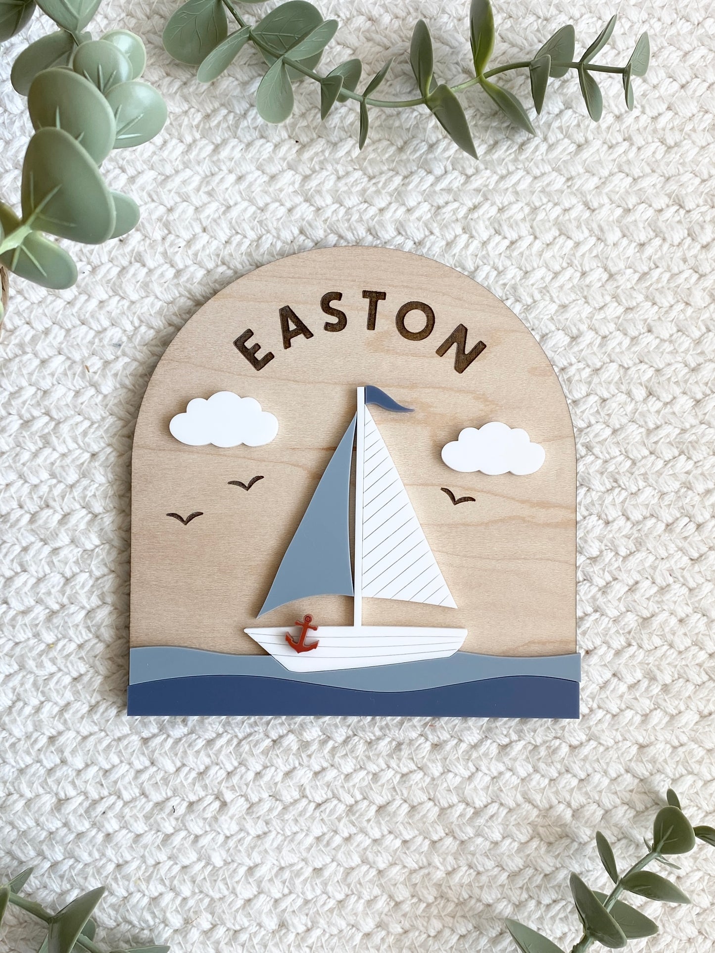 Personalized Sailboat Name Sign | Nautical Nursery Decor | Custom Wooden Baby Name Sign | Coastal Baby Room Wall Decor