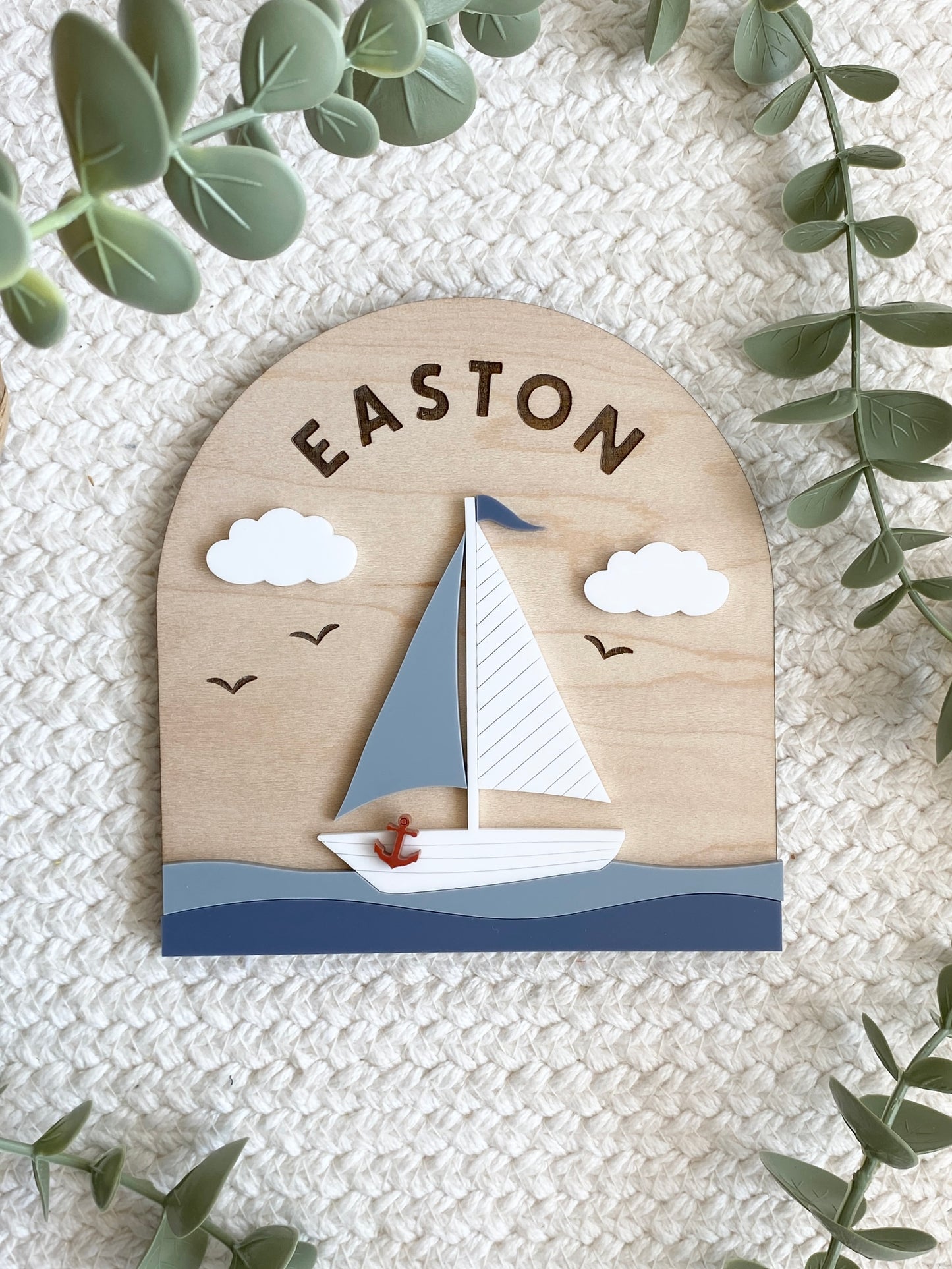 Personalized Sailboat Name Sign | Nautical Nursery Decor | Custom Wooden Baby Name Sign | Coastal Baby Room Wall Decor