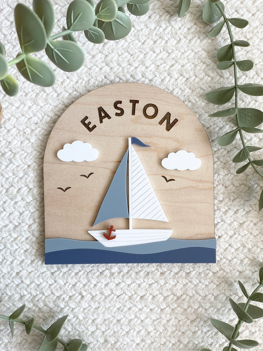 Personalized Sailboat Name Sign | Nautical Nursery Decor | Custom Wooden Baby Name Sign | Coastal Baby Room Wall Decor