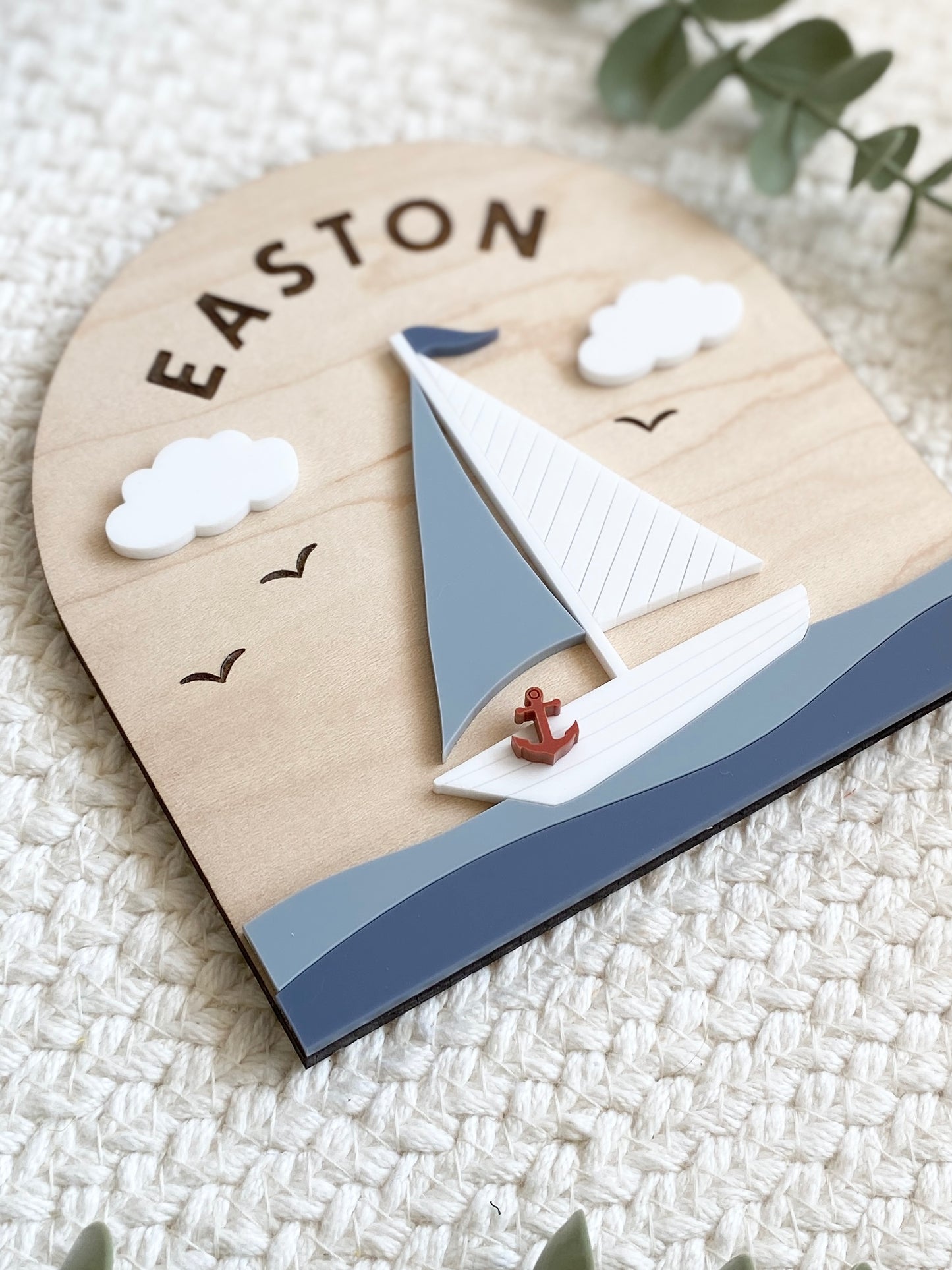 Personalized Sailboat Name Sign | Nautical Nursery Decor | Custom Wooden Baby Name Sign | Coastal Baby Room Wall Decor