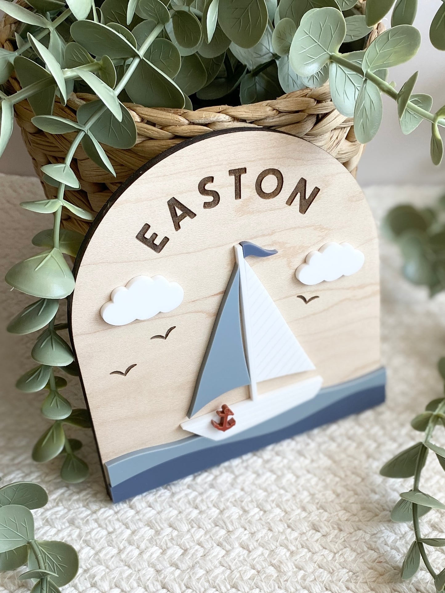 Personalized Sailboat Name Sign | Nautical Nursery Decor | Custom Wooden Baby Name Sign | Coastal Baby Room Wall Decor