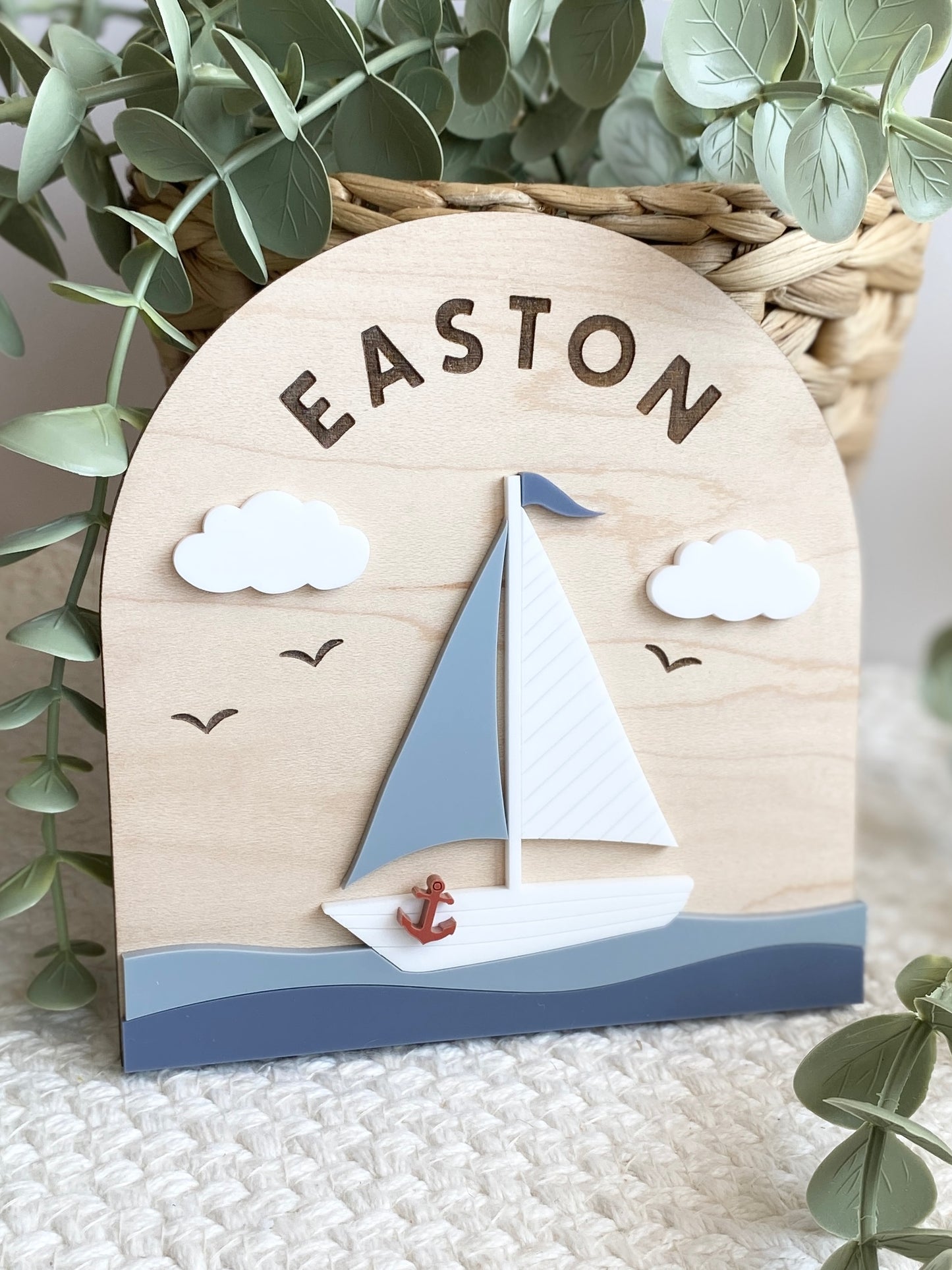 Personalized Sailboat Name Sign | Nautical Nursery Decor | Custom Wooden Baby Name Sign | Coastal Baby Room Wall Decor