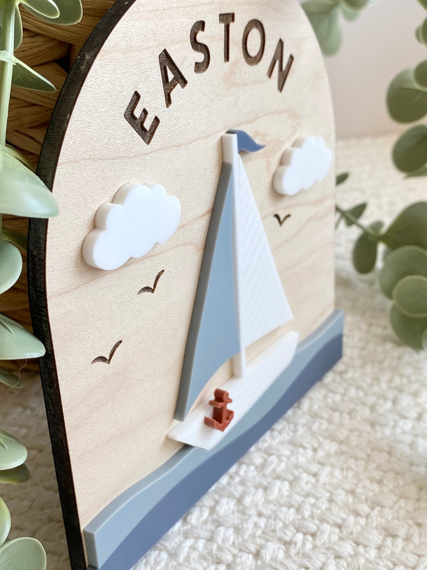 Personalized Sailboat Name Sign | Nautical Nursery Decor | Custom Wooden Baby Name Sign | Coastal Baby Room Wall Decor