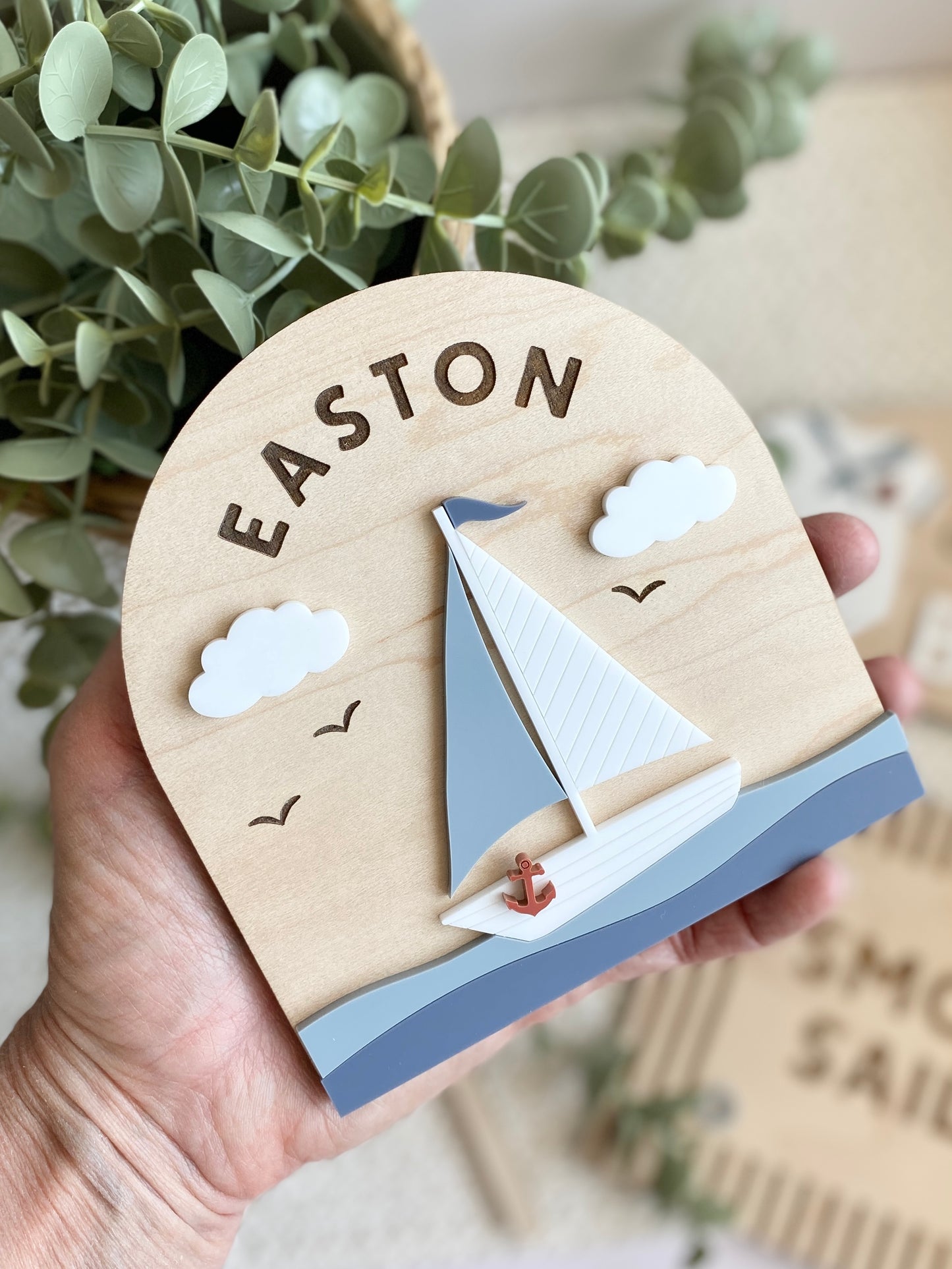 Personalized Sailboat Name Sign | Nautical Nursery Decor | Custom Wooden Baby Name Sign | Coastal Baby Room Wall Decor