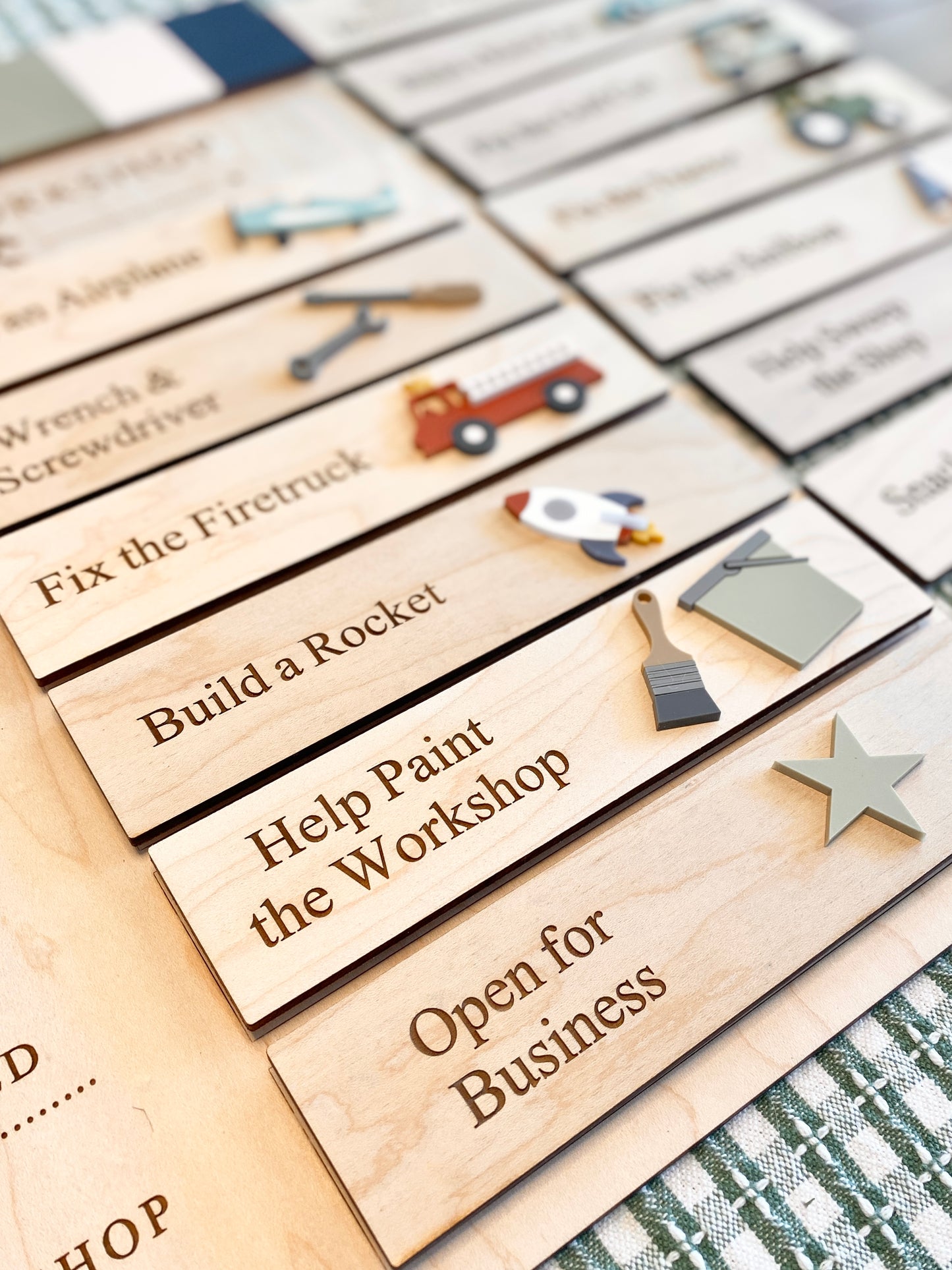 Workshop Play Board | Montessori Inspired | Construction Playroom Decor | Interchangeable Activity Board |  Pretend Play Workshop