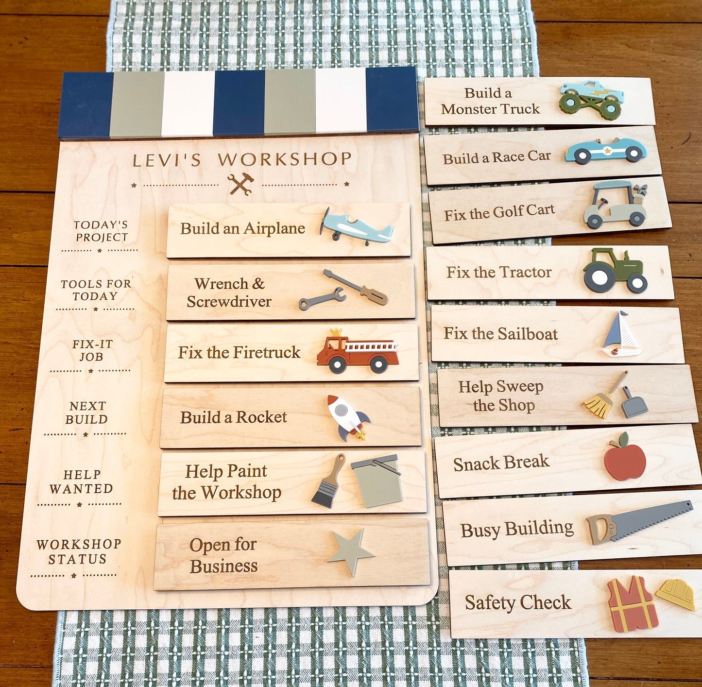 Workshop Play Board | Montessori Inspired | Construction Playroom Decor | Interchangeable Activity Board |  Pretend Play Workshop