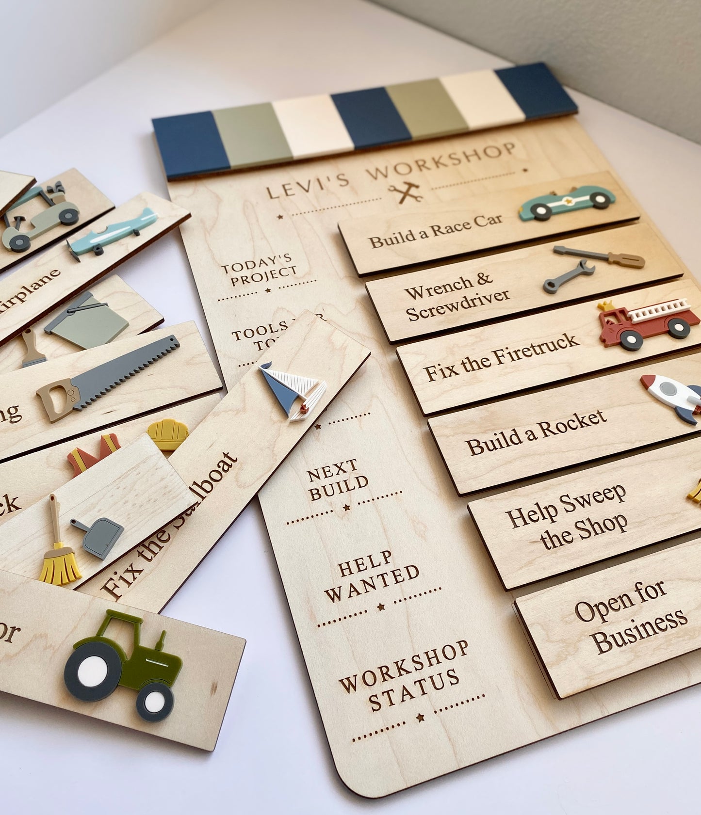 Workshop Play Board | Montessori Inspired | Construction Playroom Decor | Interchangeable Activity Board |  Pretend Play Workshop
