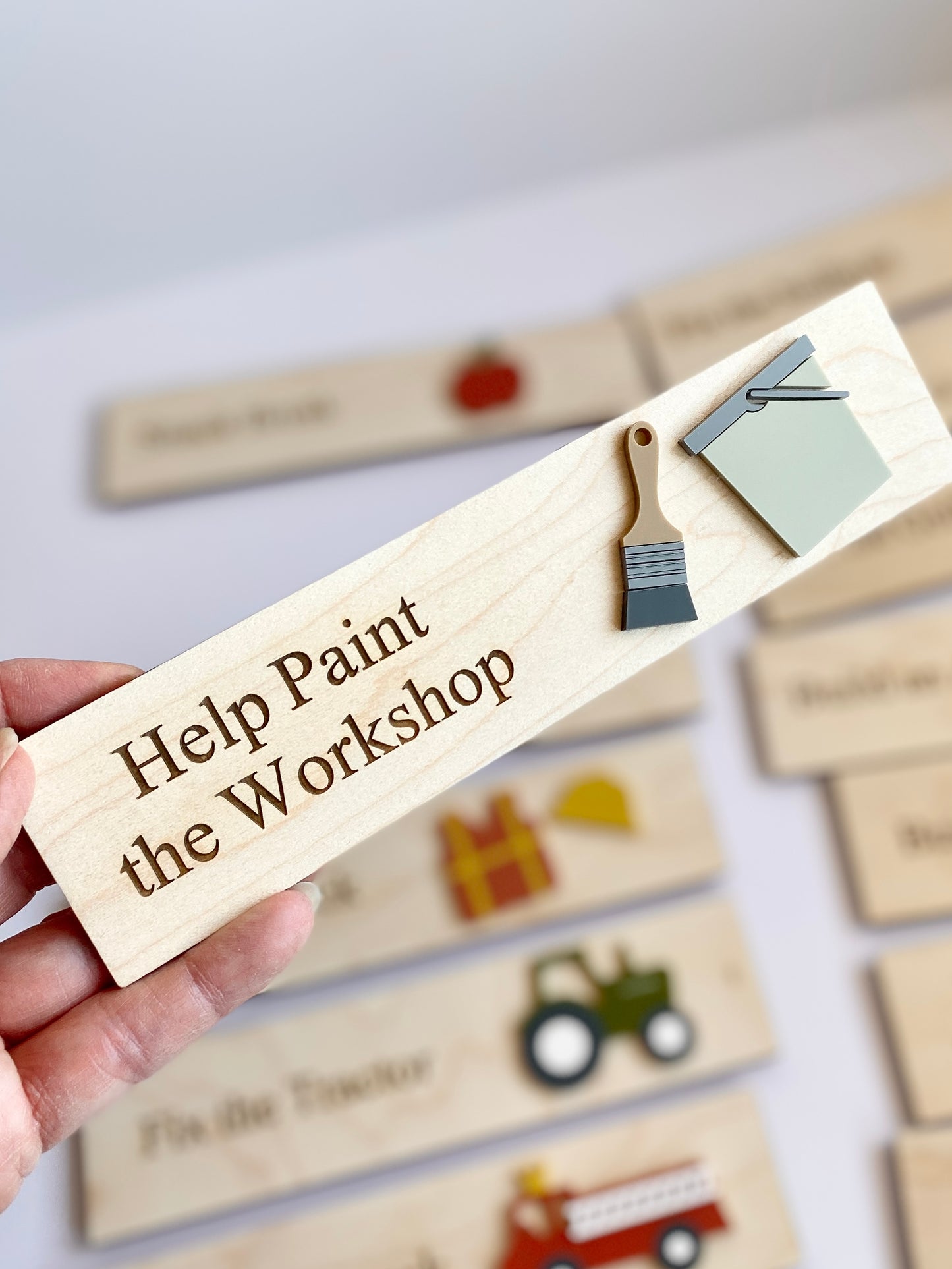 Workshop Play Board | Montessori Inspired | Construction Playroom Decor | Interchangeable Activity Board |  Pretend Play Workshop