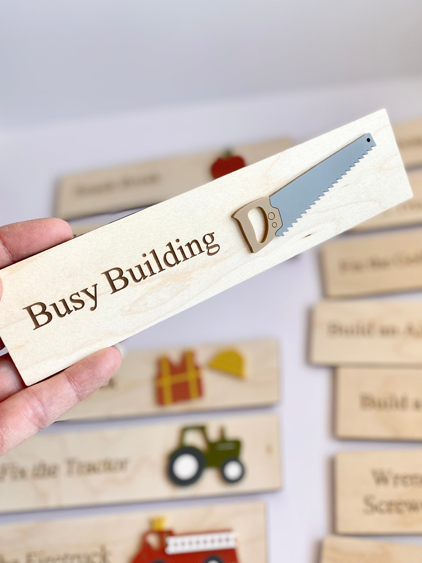 Workshop Play Board | Montessori Inspired | Construction Playroom Decor | Interchangeable Activity Board |  Pretend Play Workshop
