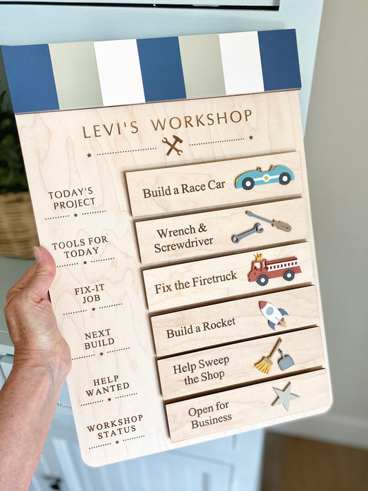 Workshop Play Board | Montessori Inspired | Construction Playroom Decor | Interchangeable Activity Board |  Pretend Play Workshop