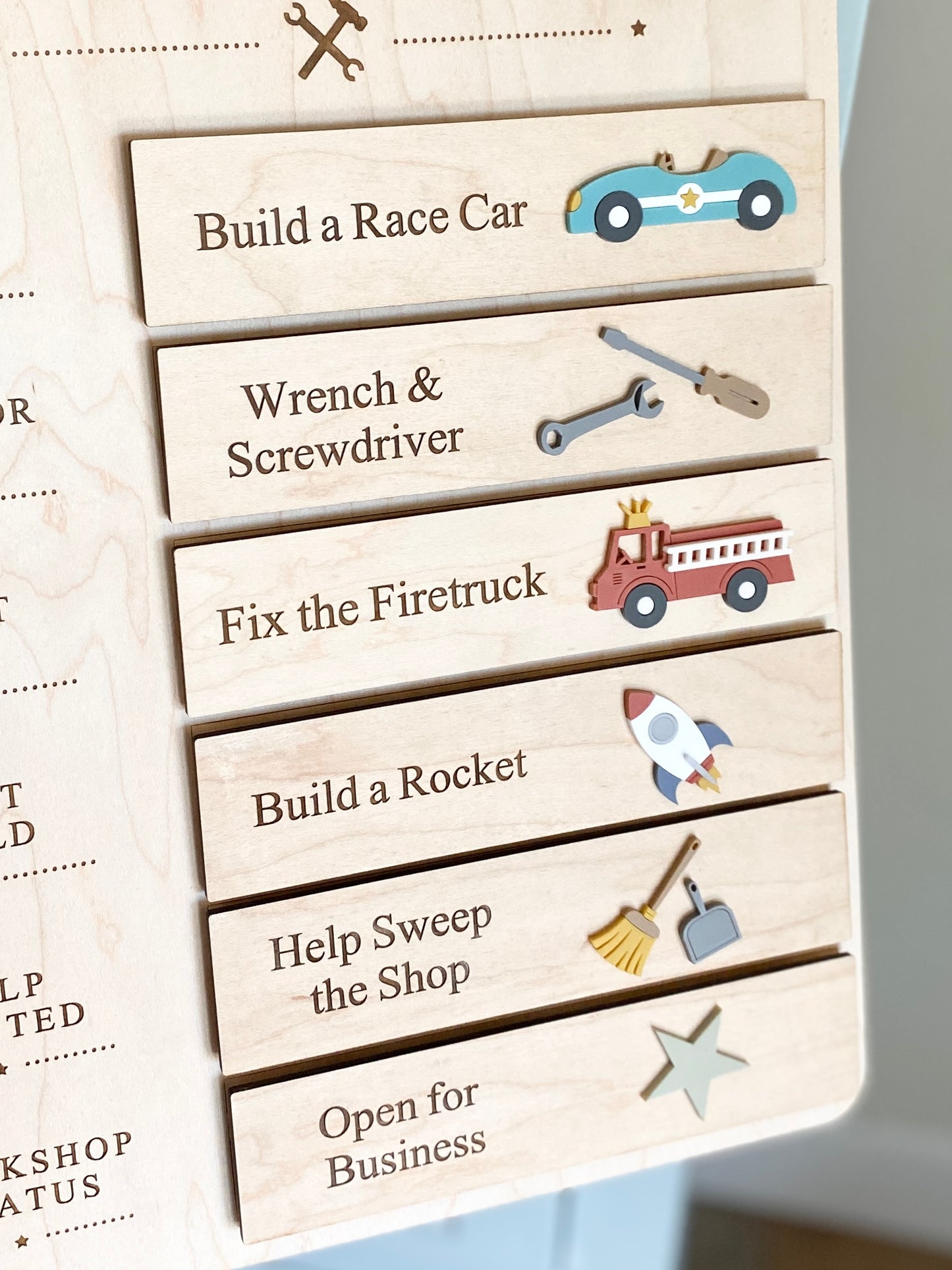 Workshop Play Board | Montessori Inspired | Construction Playroom Decor | Interchangeable Activity Board |  Pretend Play Workshop