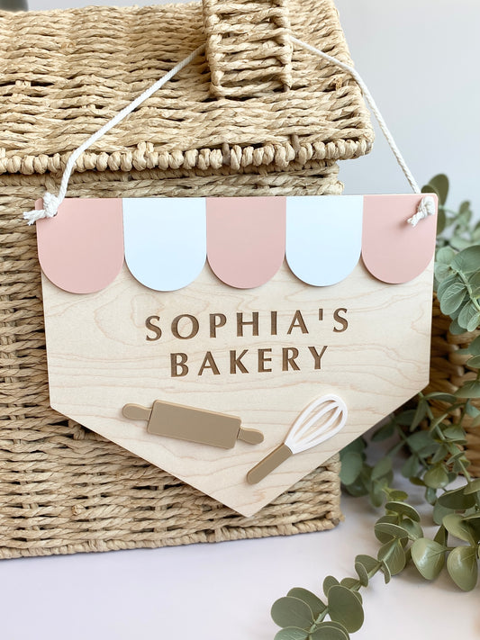 Personalized Kids Bakery Sign | Custom Play Kitchen Sign | Wooden Bakery Name Sign | Playroom Decor | Montessori Pretend Play Gift