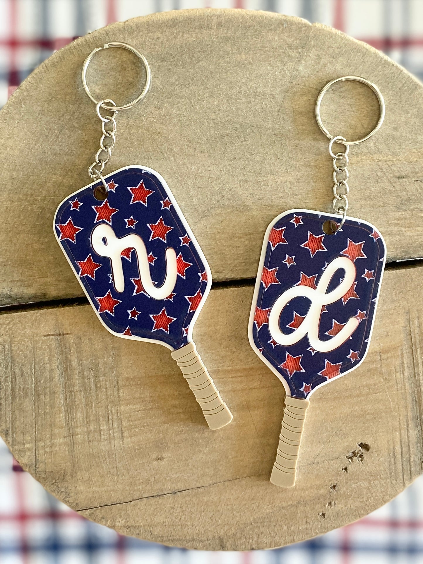 Patriotic Pickleball Paddle Keychain | Initial Bag Charm  | Team Gift | Red White Blue Accessory