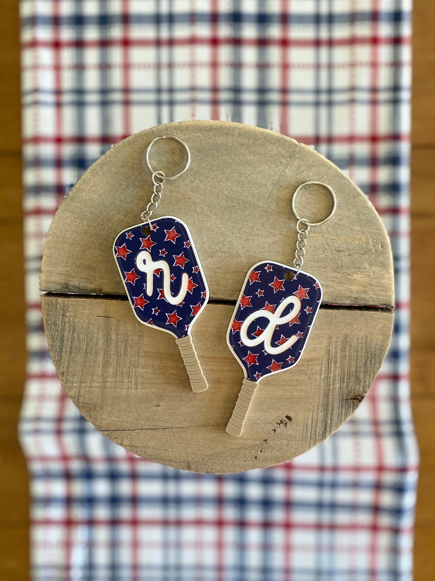 Patriotic Pickleball Paddle Keychain | Initial Bag Charm  | Team Gift | Red White Blue Accessory