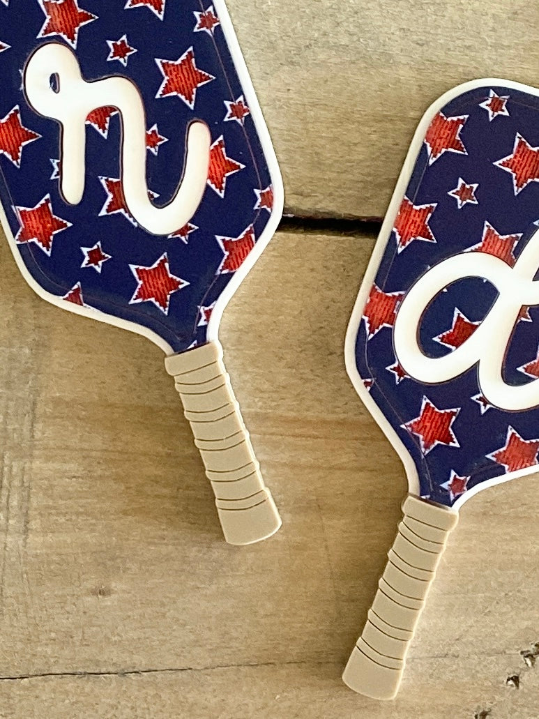 Patriotic Pickleball Paddle Keychain | Initial Bag Charm  | Team Gift | Red White Blue Accessory