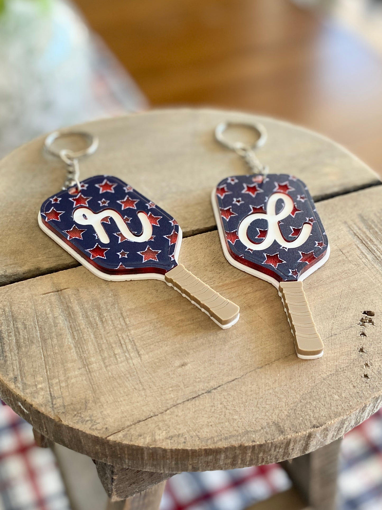 Patriotic Pickleball Paddle Keychain | Initial Bag Charm  | Team Gift | Red White Blue Accessory