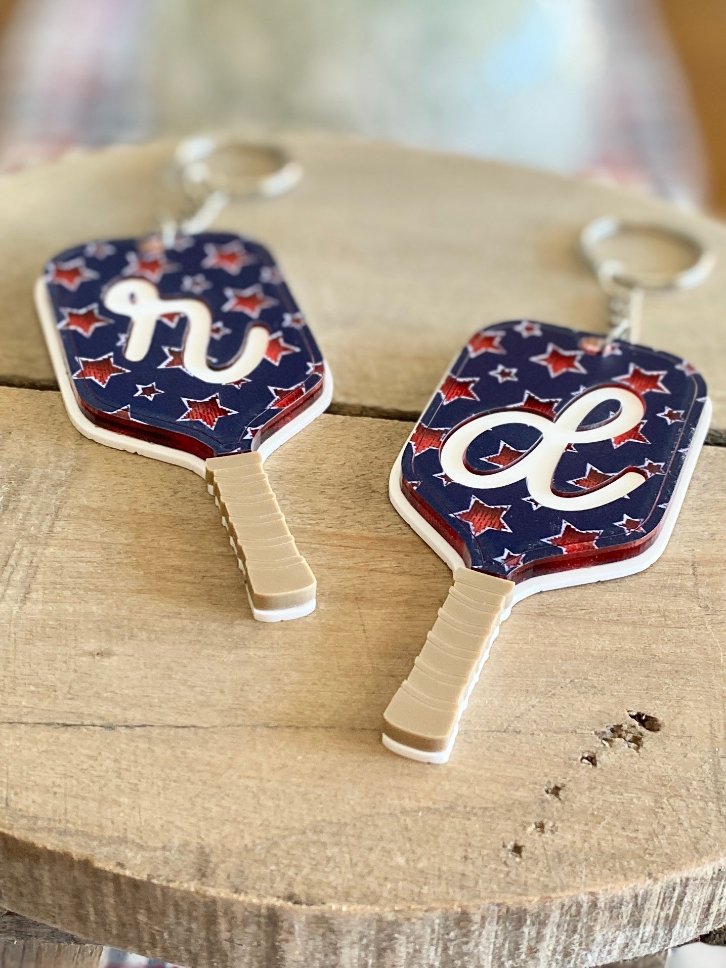 Patriotic Pickleball Paddle Keychain | Initial Bag Charm  | Team Gift | Red White Blue Accessory