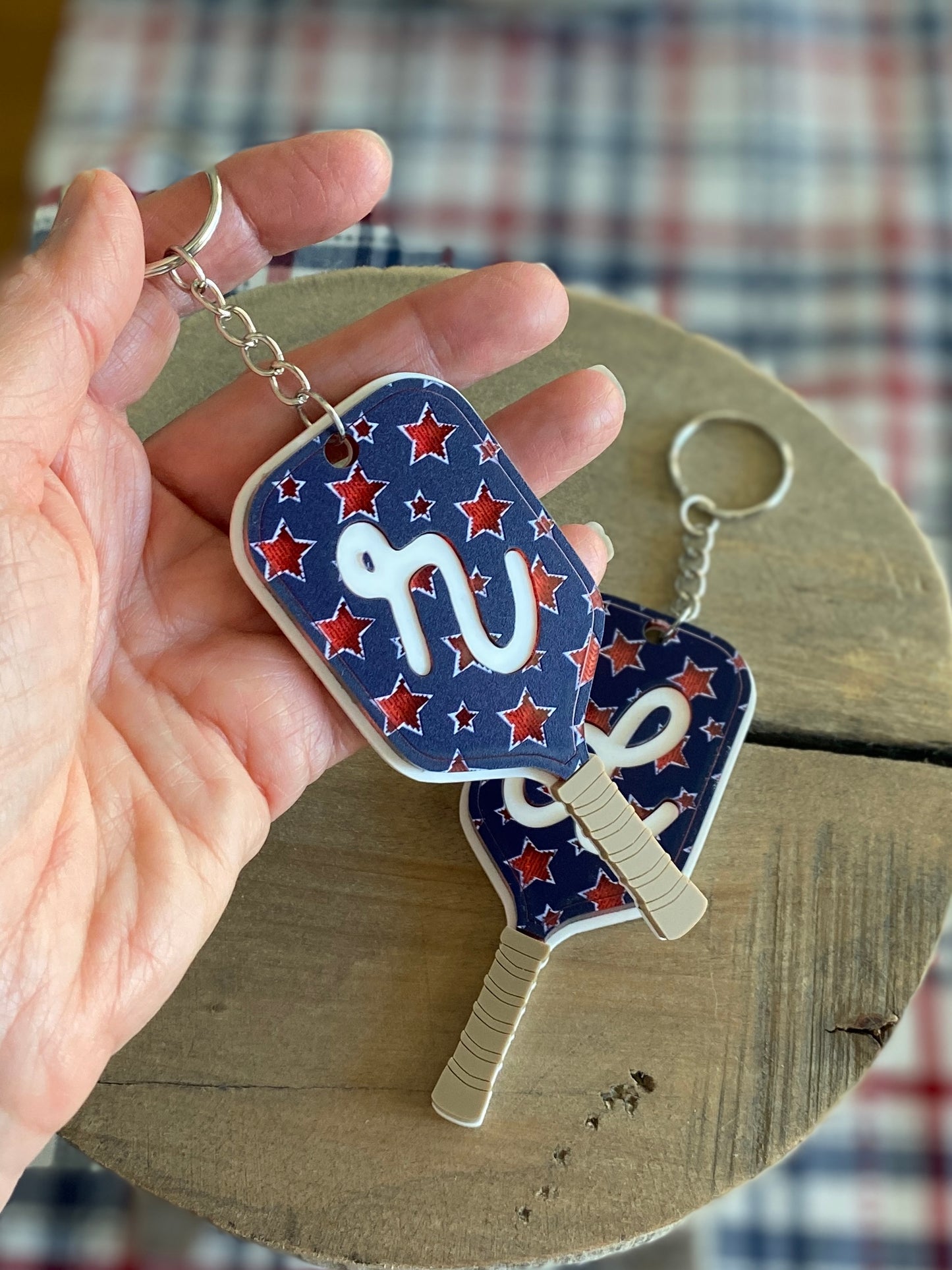 Patriotic Pickleball Paddle Keychain | Initial Bag Charm  | Team Gift | Red White Blue Accessory