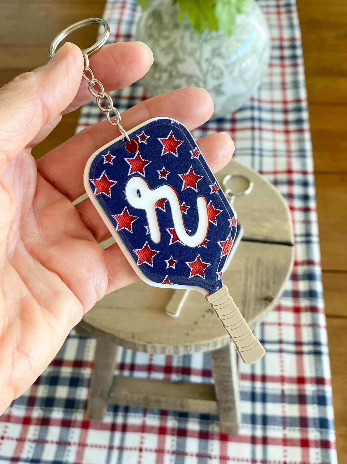 Patriotic Pickleball Paddle Keychain | Initial Bag Charm  | Team Gift | Red White Blue Accessory