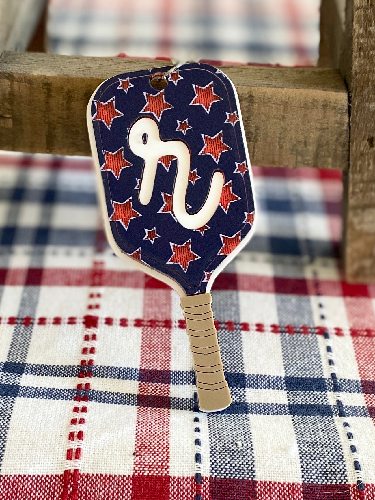 Patriotic Pickleball Paddle Keychain | Initial Bag Charm  | Team Gift | Red White Blue Accessory