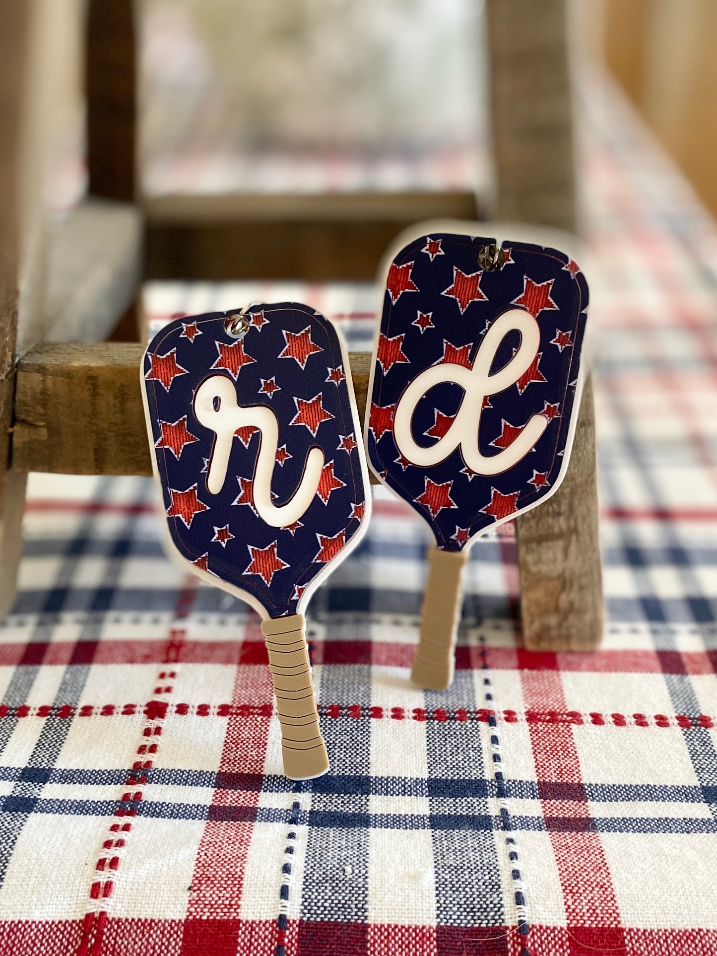 Patriotic Pickleball Paddle Keychain | Initial Bag Charm  | Team Gift | Red White Blue Accessory