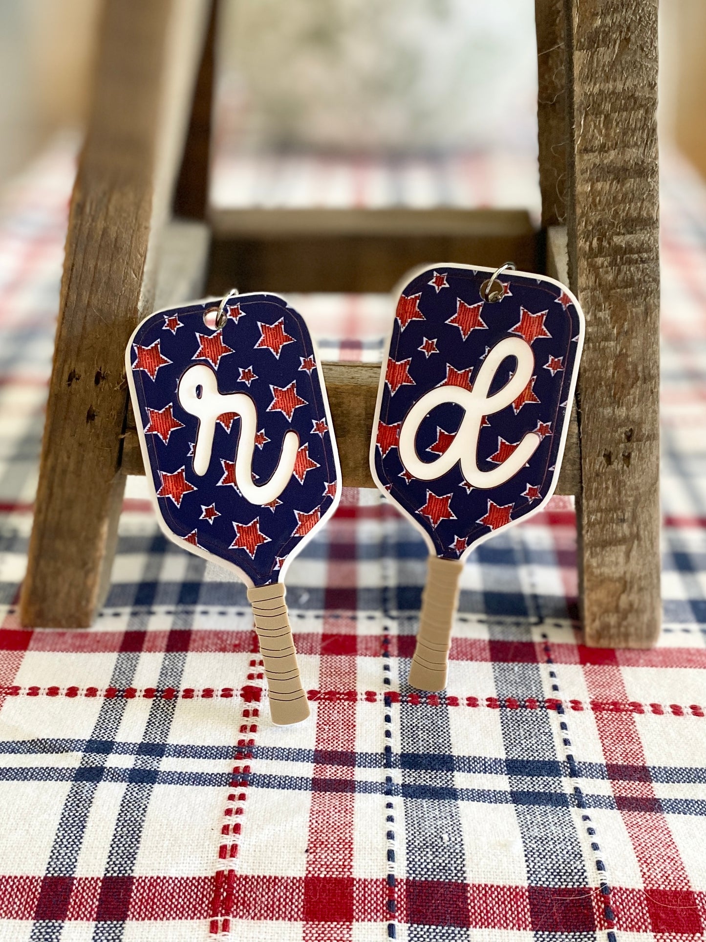 Patriotic Pickleball Paddle Keychain | Initial Bag Charm  | Team Gift | Red White Blue Accessory