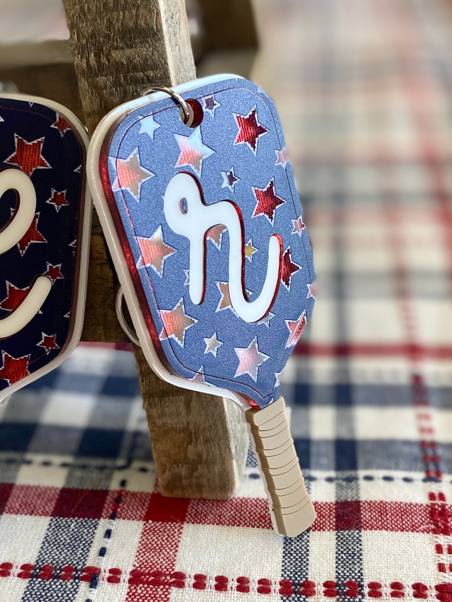 Patriotic Pickleball Paddle Keychain | Initial Bag Charm  | Team Gift | Red White Blue Accessory