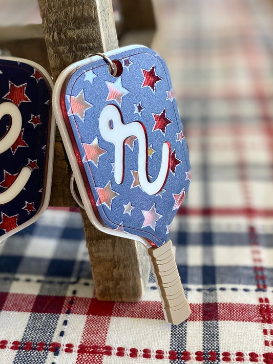Patriotic Pickleball Paddle Keychain | Initial Bag Charm  | Team Gift | Red White Blue Accessory