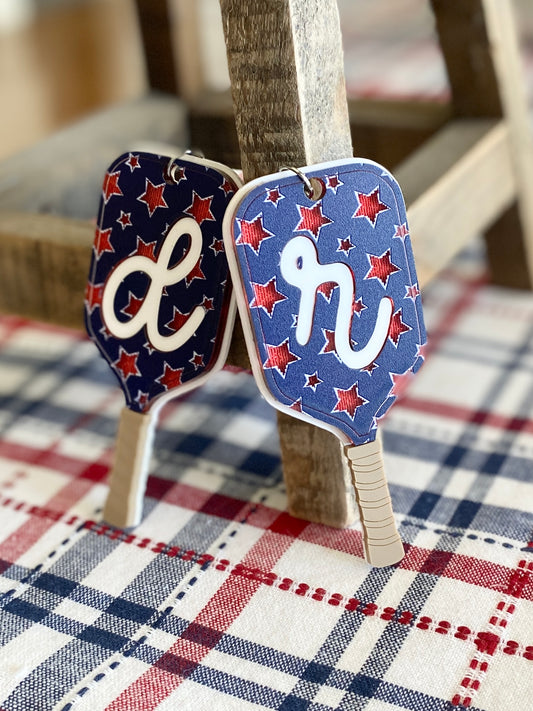 Patriotic Pickleball Paddle Keychain | Initial Bag Charm  | Team Gift | Red White Blue Accessory