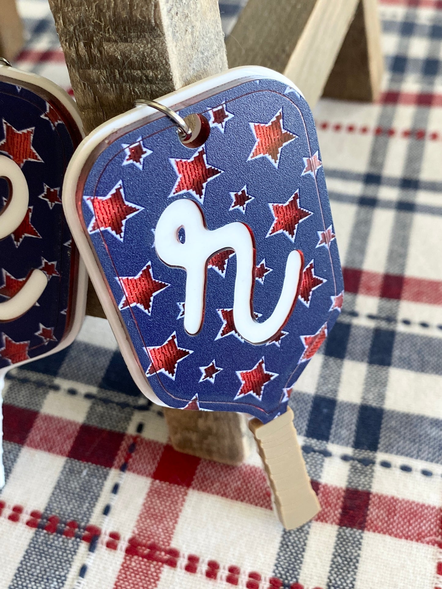 Patriotic Pickleball Paddle Keychain | Initial Bag Charm  | Team Gift | Red White Blue Accessory