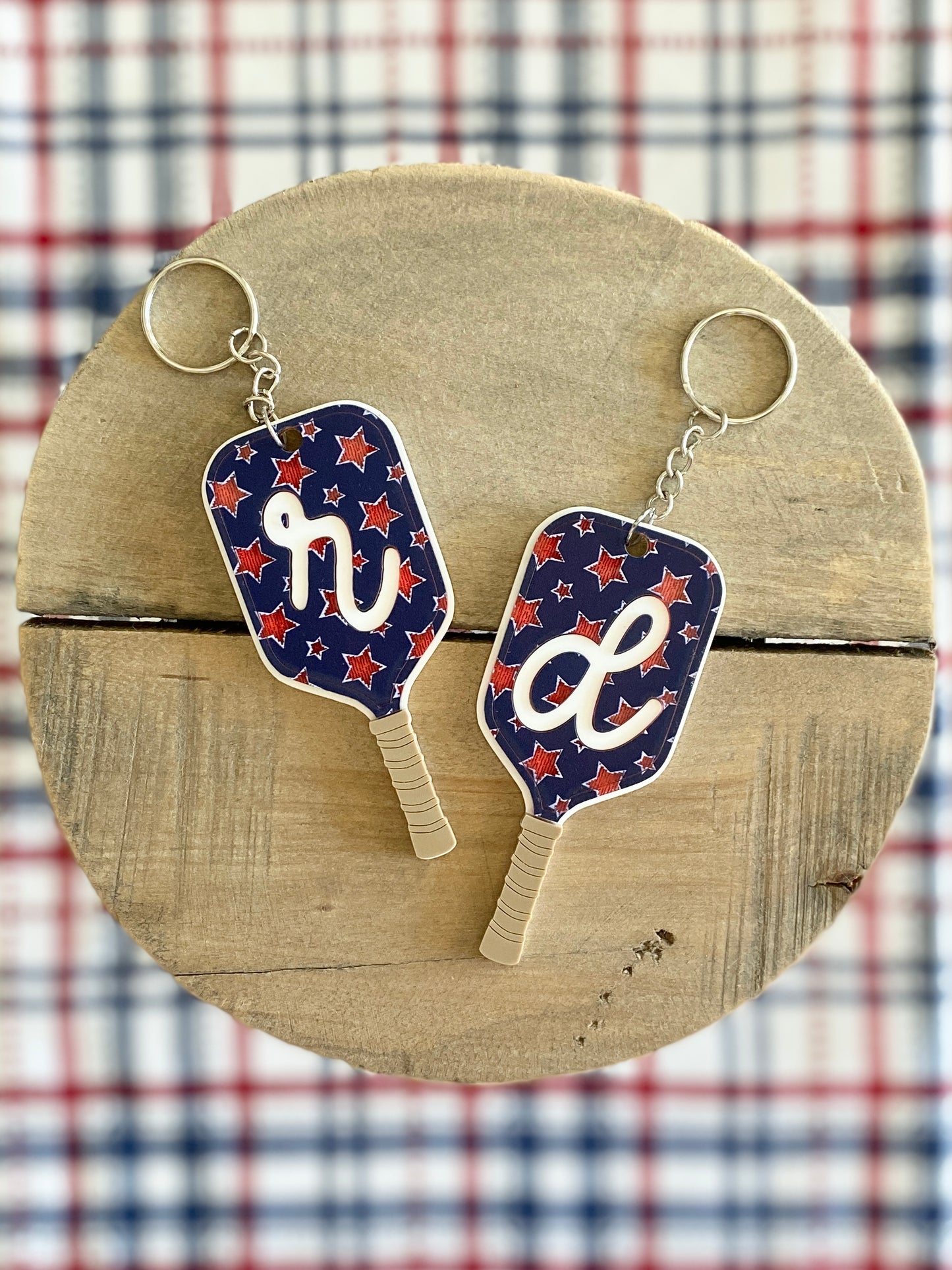 Patriotic Pickleball Paddle Keychain | Initial Bag Charm  | Team Gift | Red White Blue Accessory