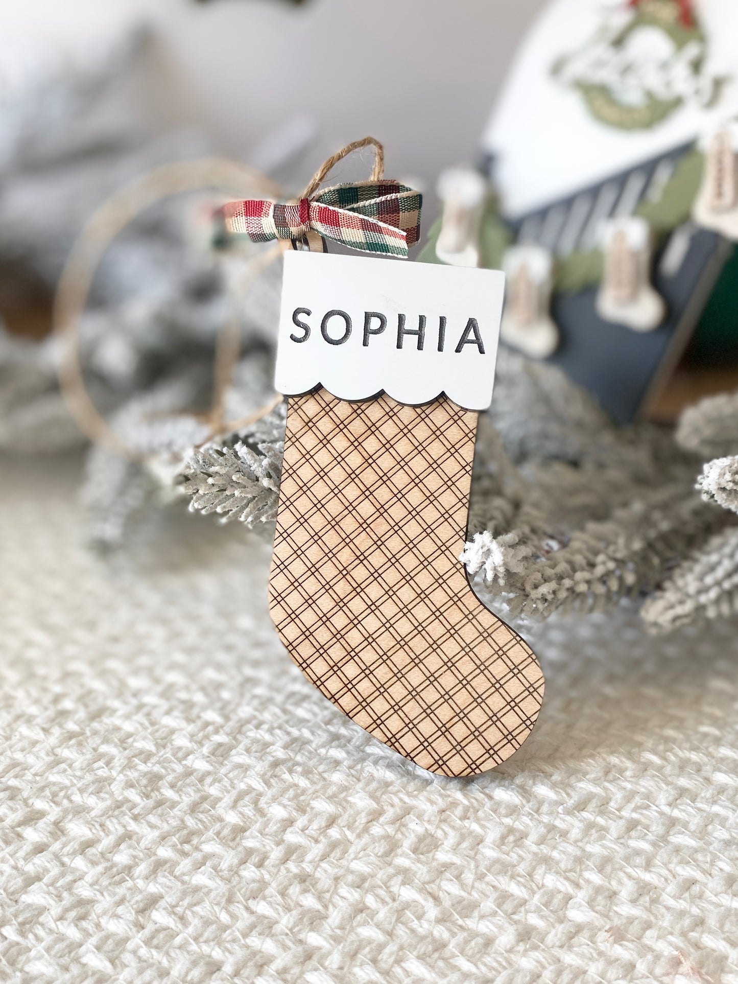 Classic Plaid Stocking Ornament + Tag