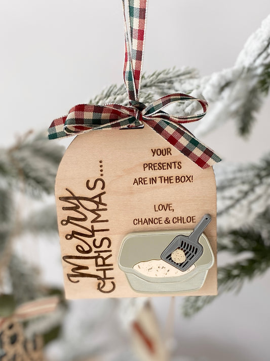 “Your Presents Are in the Box” – Funny Cat Christmas Ornament