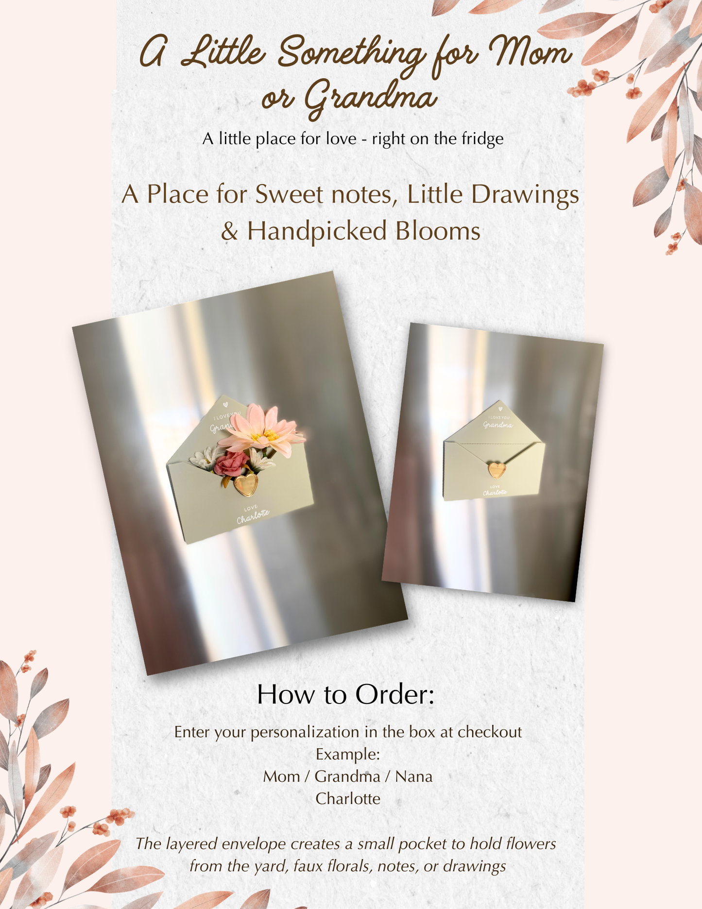 Personalized Envelope Magnet for Mom or Grandma | Kids Note & Flower Holder Keepsake