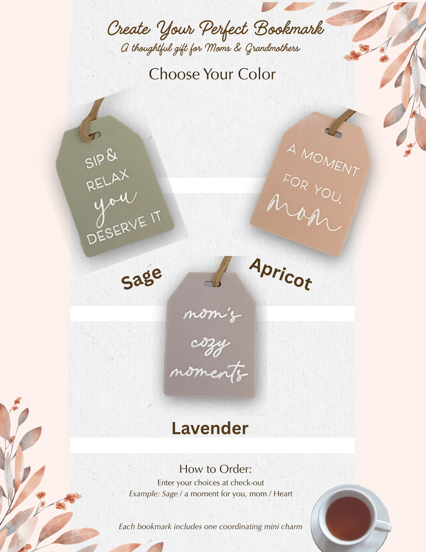 Mother's Day Tea Tag Bookmark + Mini-Charm | Gift for Mom or Grandma