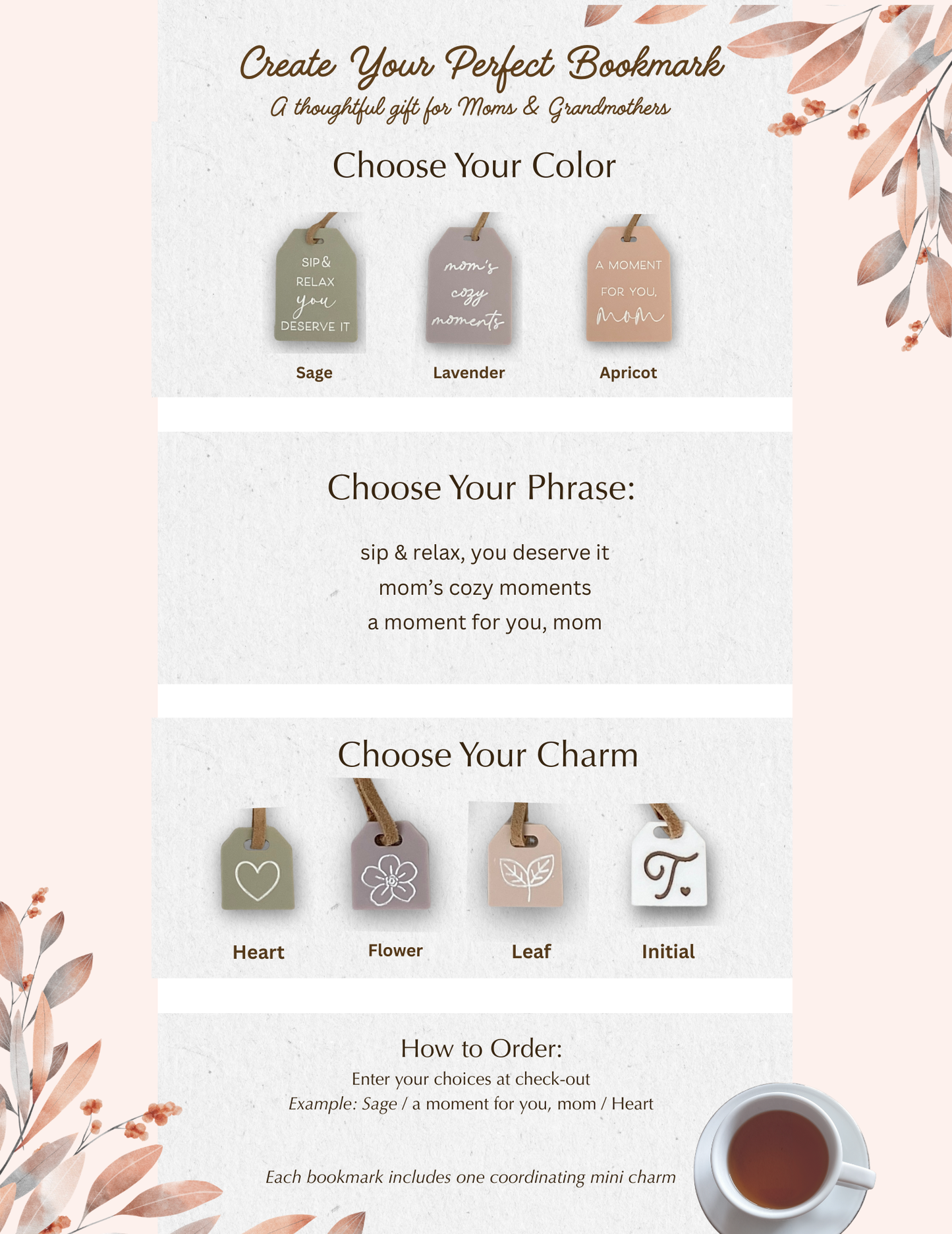 Mother's Day Tea Tag Bookmark + Mini-Charm | Gift for Mom or Grandma
